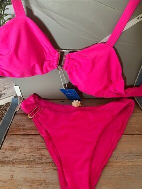 Bright Pink with gold accent high cut cheeky bikini, shoulder straps top